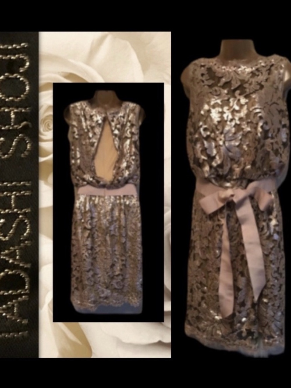 Tadashi Shoji Silver Sequin & Beige Ribbon Cocktail Dress